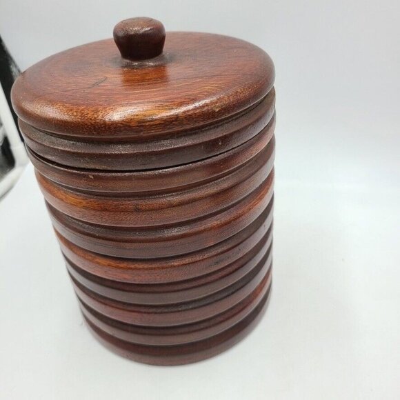 Vintage 50s 60s Wood Canisters Set Brown Cylindrical with Covers Lot of 2 - Picture 5 of 7